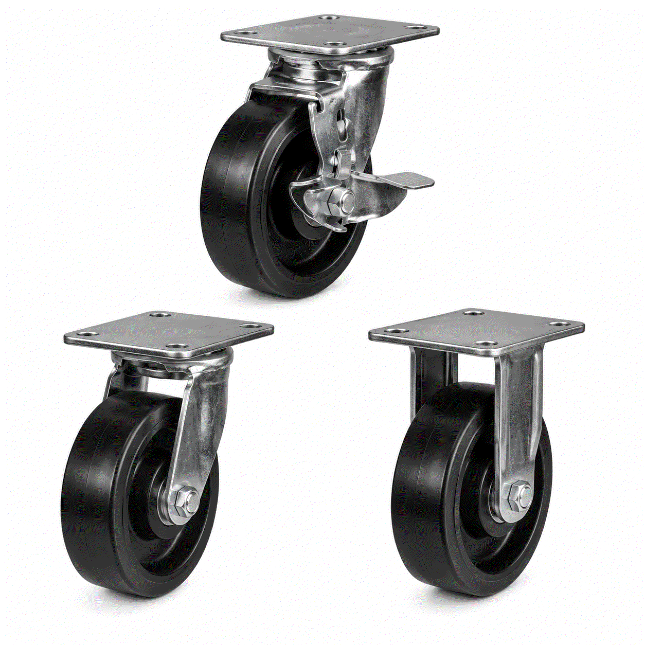 Heavy duty castors with rubber tyres and cast iron wheels for industrial load handling