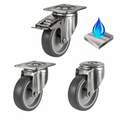 Stainless steel castors with non-marking grey rubber wheels in 80-125mm sizes for 60-100kg load, corrosion-resistant and floor-friendly