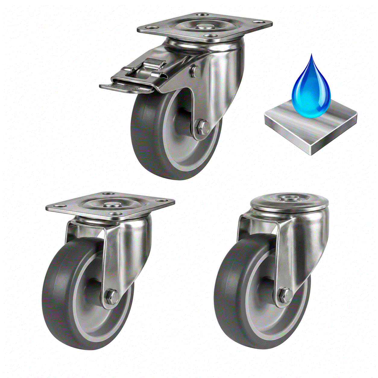 Stainless steel castors with non-marking grey rubber wheels in 80-125mm sizes for 60-100kg load, corrosion-resistant and floor-friendly