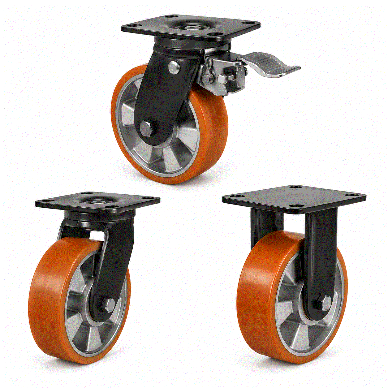 Heavy Duty Castors with 125-200mm polyurethane on aluminium wheels supporting 500kg load for industrial use