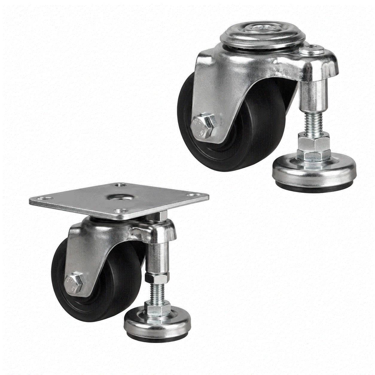 Levelling castors with nylon wheels 65-75mm for 150-200kg load, featuring adjustable levelling foot and durable design for industrial use