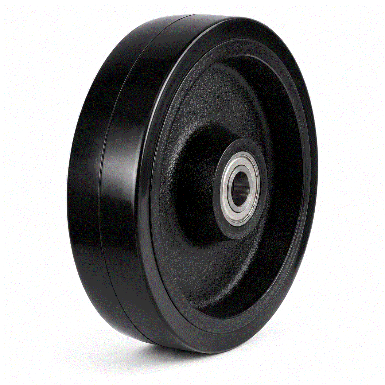 Black elastic rubber on cast iron wheel for heavy-duty industrial use with high load capacity and shock absorption