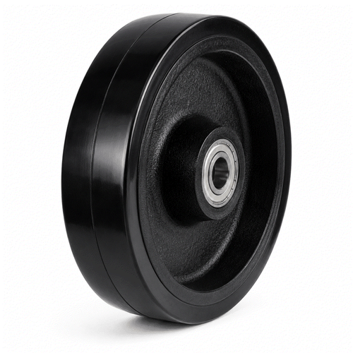 Black elastic rubber on cast iron wheel for heavy-duty industrial use with high load capacity and shock absorption