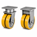 Heavy duty twin wheel castor with polyurethane tread and cast iron core for extreme industrial load capacity