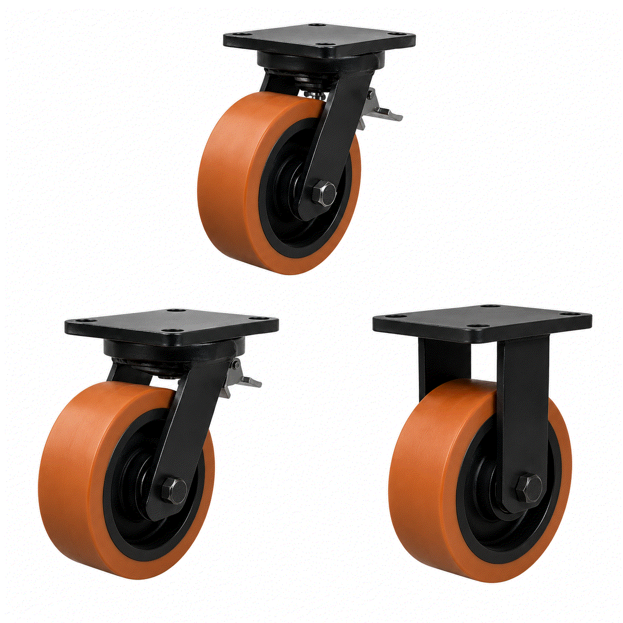 Heavy Duty Castors with 200-300mm polyurethane tread and cast iron wheel, supporting 1400-2200kg load for industrial use
