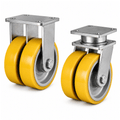 Heavy duty twin wheel castor with polyurethane tyre and cast iron core for industrial heavy load applications