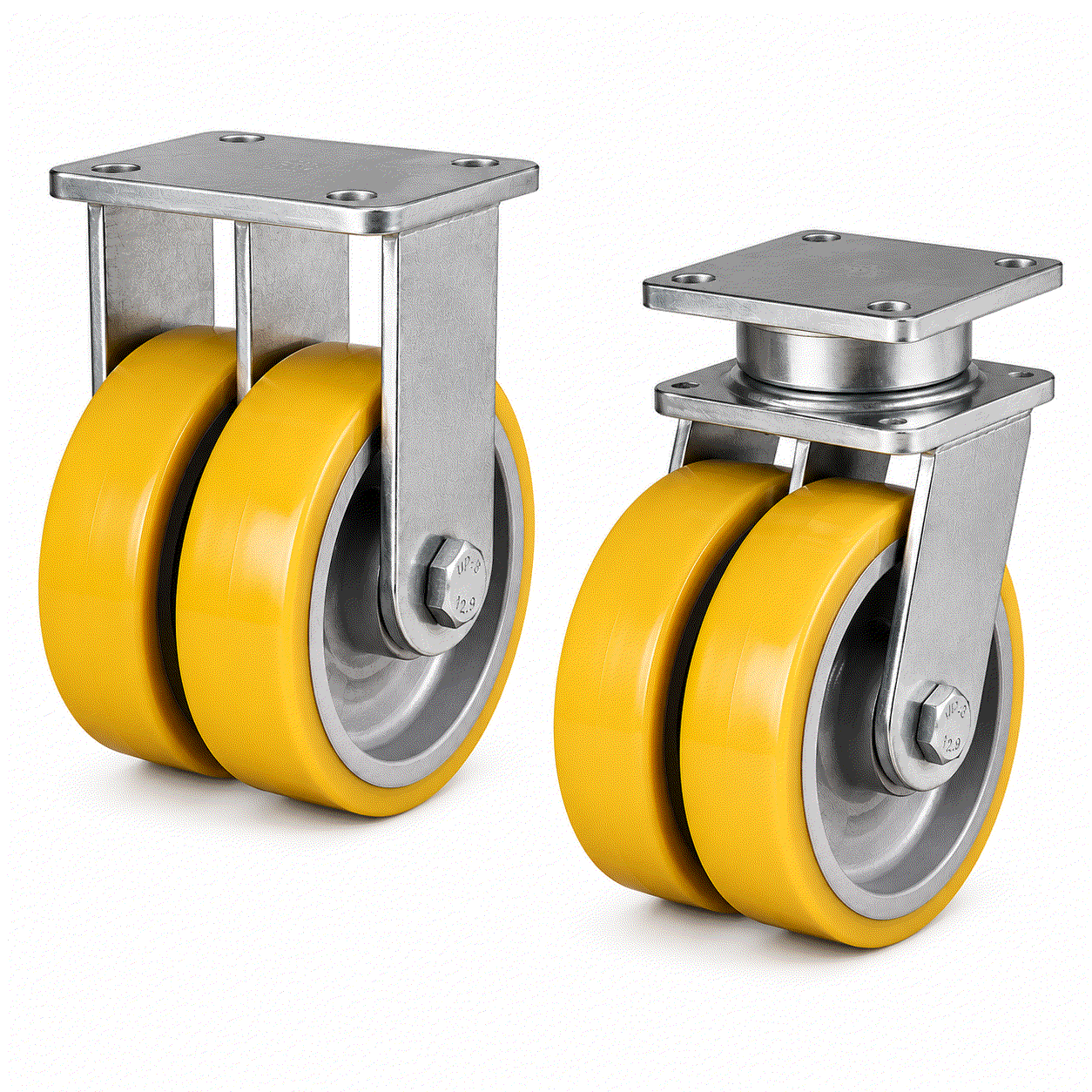 Heavy duty twin wheel castor with polyurethane tyre and cast iron core for industrial heavy load applications