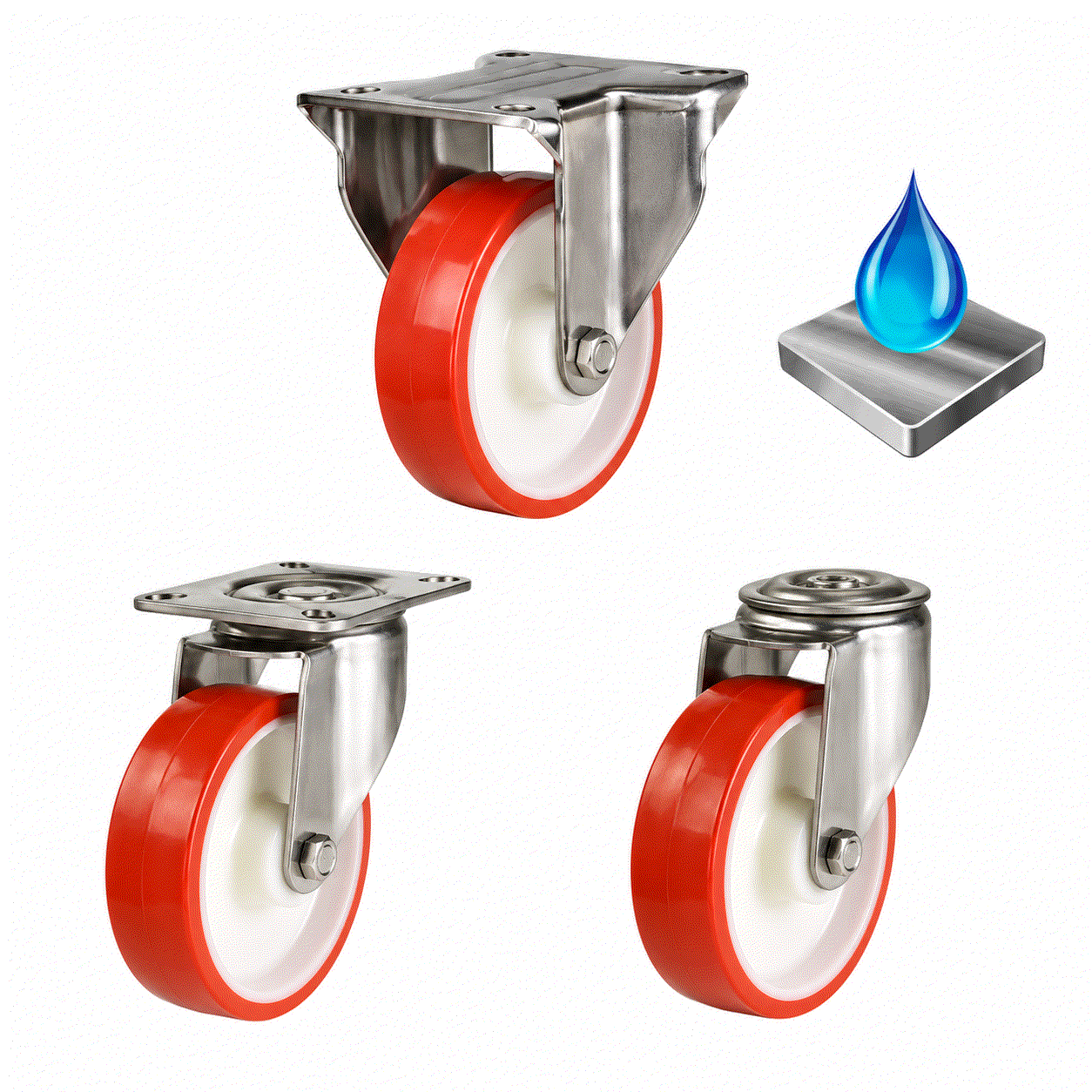 Stainless steel castors with polyurethane nylon wheels in various sizes for high load capacity and corrosion resistance