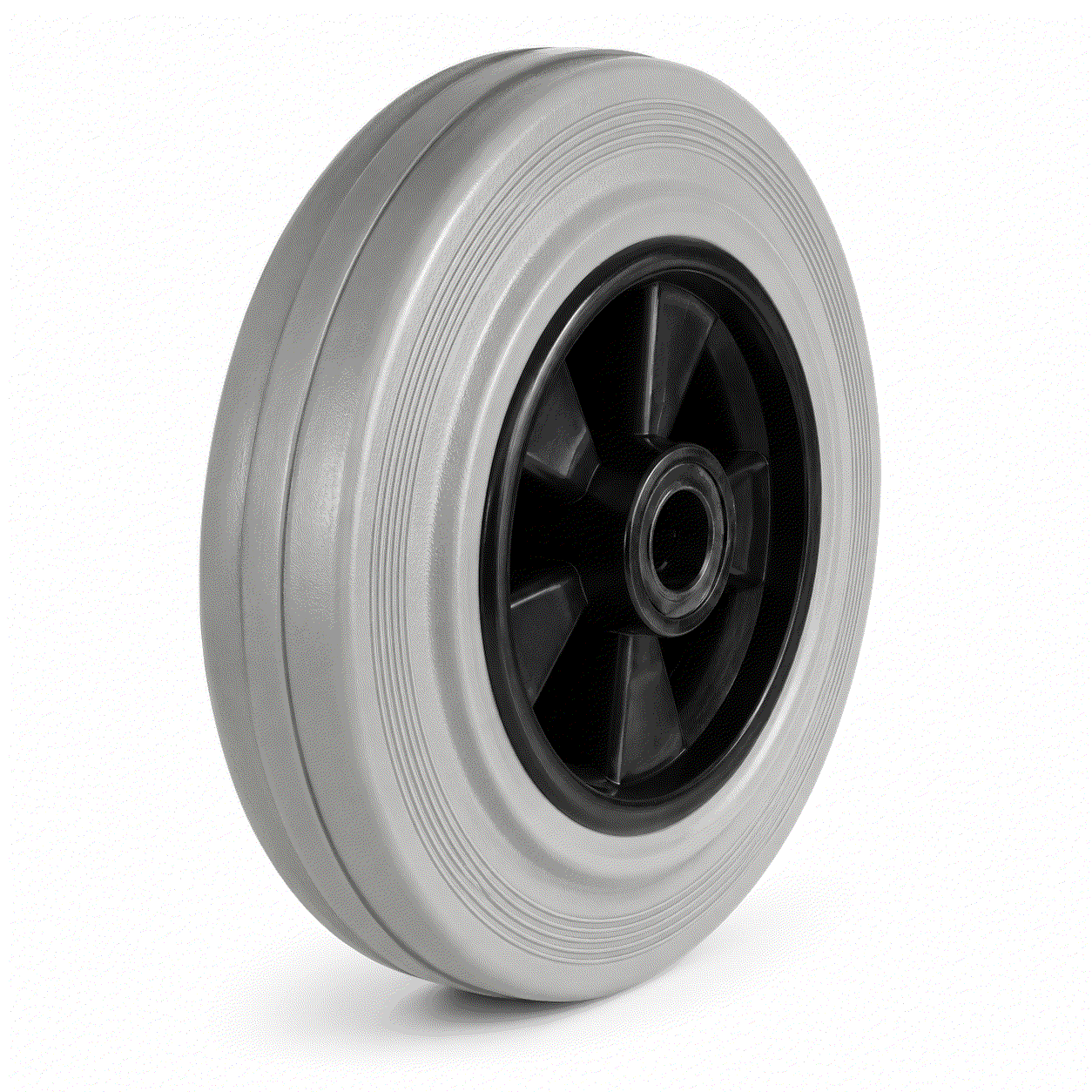 Grey non-marking rubber on nylon wheel for industrial and commercial use, sizes 80-200mm, load capacity 65-205kg