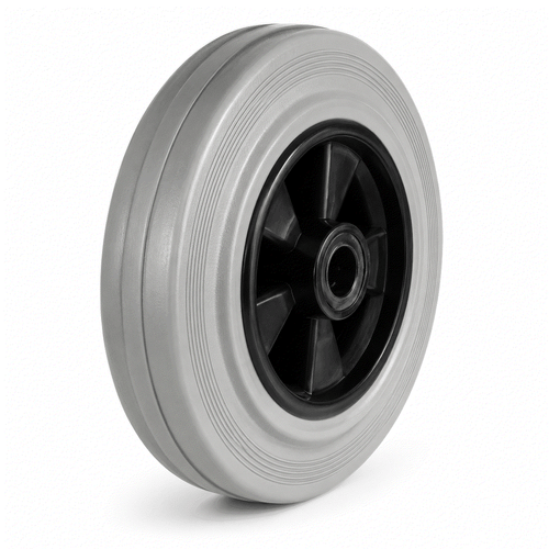 Grey non-marking rubber on nylon wheel for industrial and commercial use, sizes 80-200mm, load capacity 65-205kg