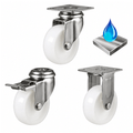 Stainless steel castors with 50-75mm nylon wheels for 40-50kg load, corrosion-resistant and durable for industrial and hygienic use