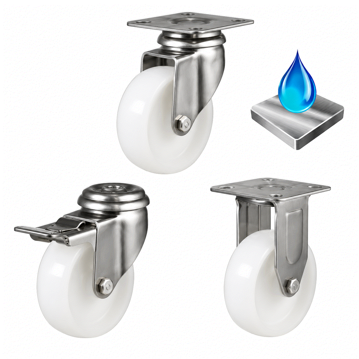 Stainless steel castors with 50-75mm nylon wheels for 40-50kg load, corrosion-resistant and durable for industrial and hygienic use