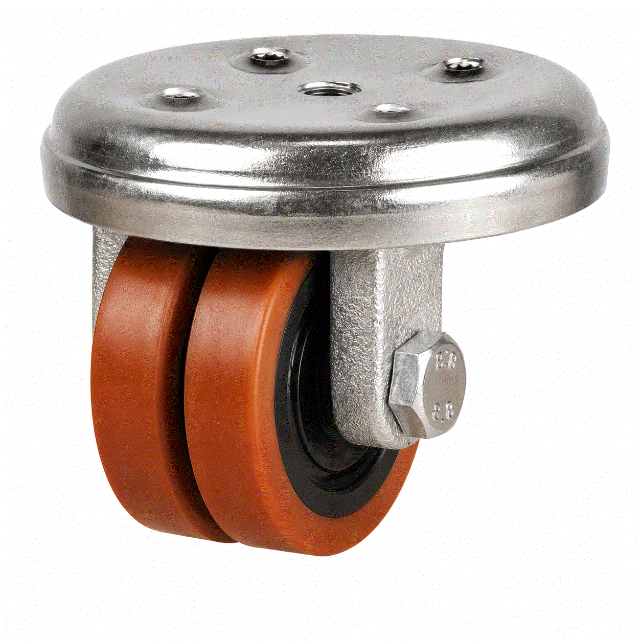 Heavy duty low level castor with 50mm polyurethane and cast iron wheel, supporting 160kg load