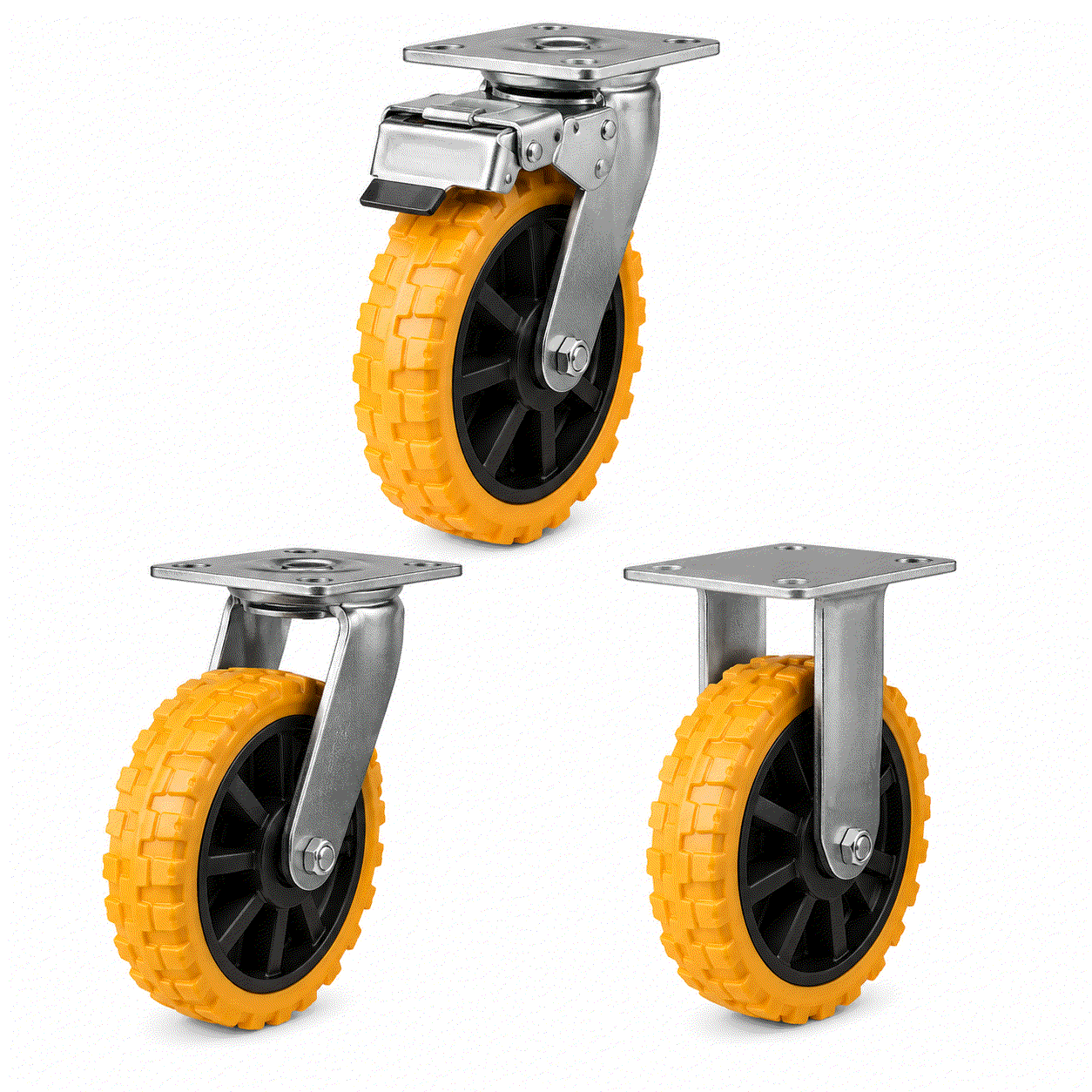Heavy duty castors with polyurethane on nylon wheels, 100-200mm diameter, 220-430kg load capacity, for industrial use