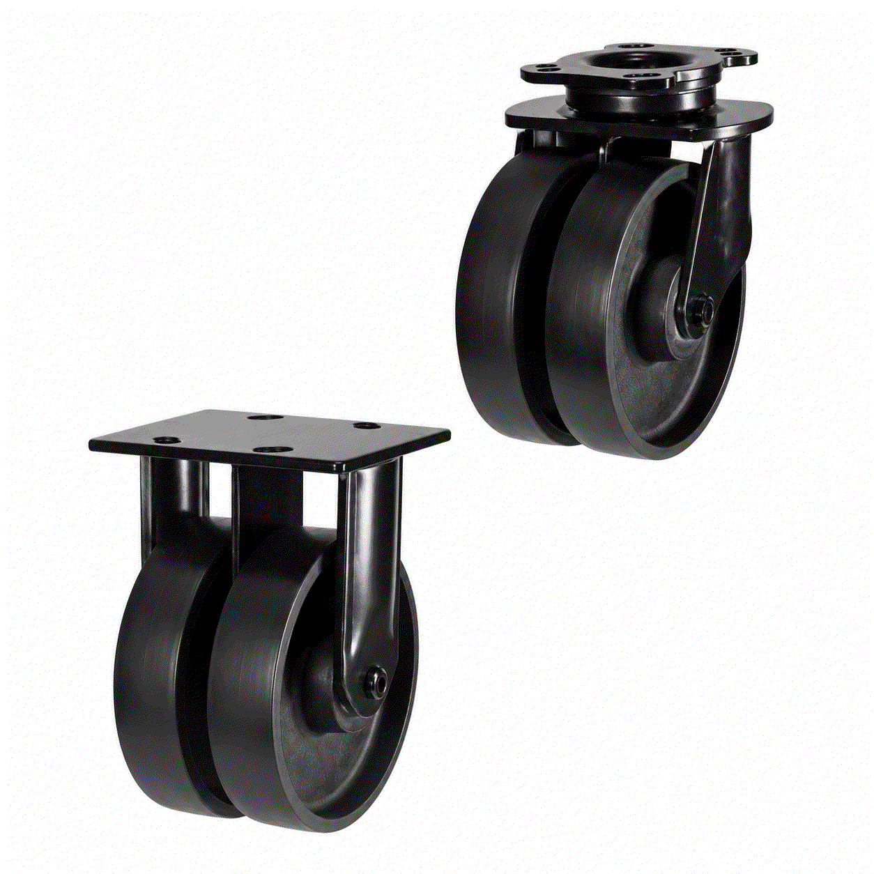 Heavy duty twin wheel castors with cast iron wheels supporting up to 1500kg load for industrial use