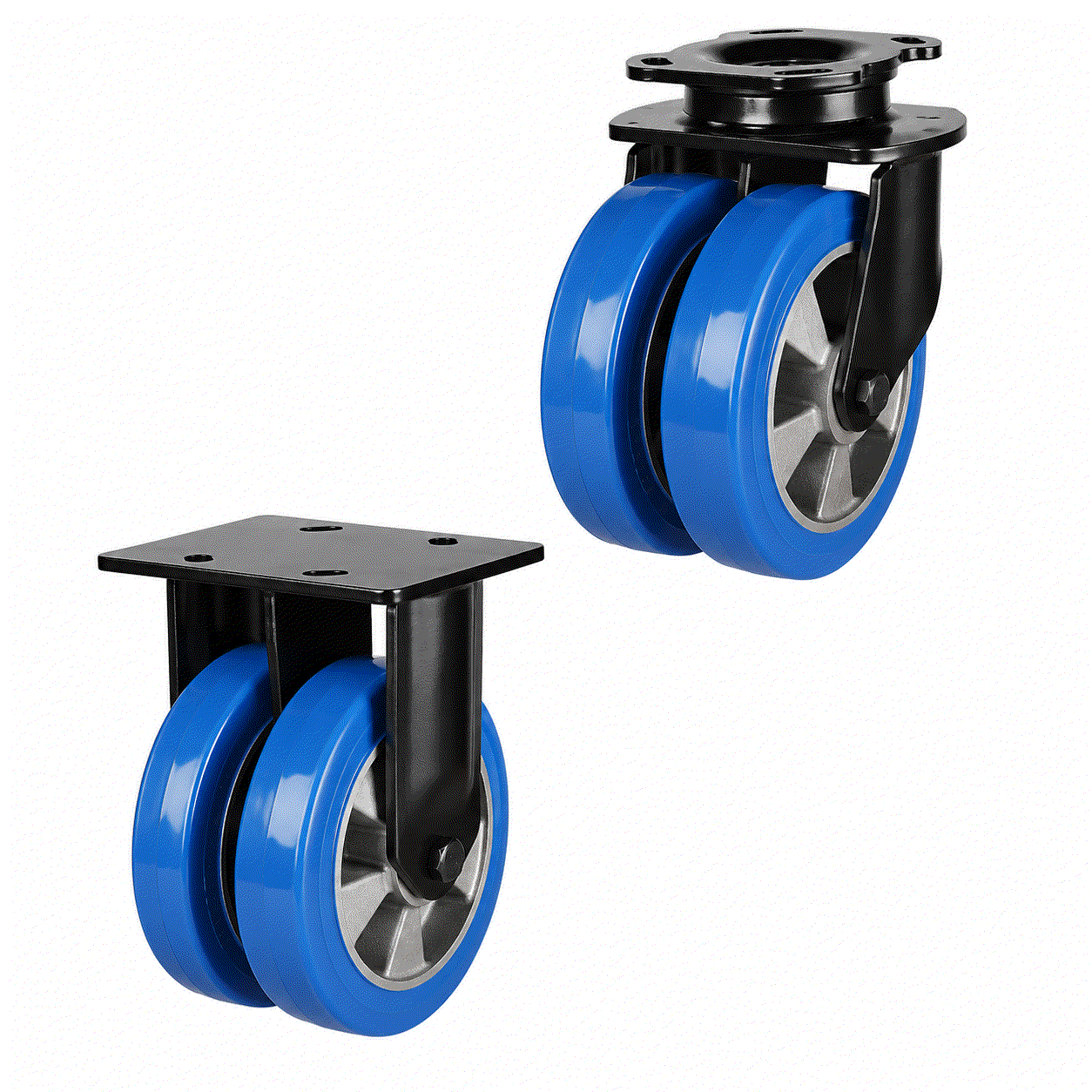 Heavy duty twin wheel castors with polyurethane tyres and aluminium centres for industrial use, 160-200mm wheels, 1200-1500kg load capacity