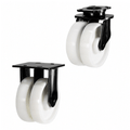 Heavy duty twin wheel castors with 150-200mm nylon wheels supporting 1500kg load for industrial use