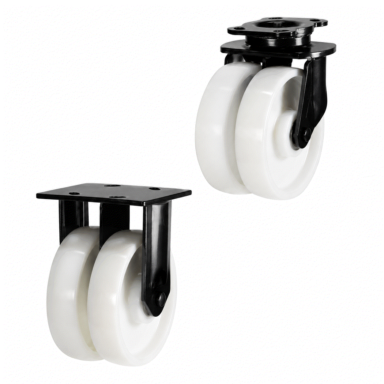 Heavy duty twin wheel castors with 150-200mm nylon wheels supporting 1500kg load for industrial use
