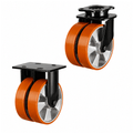 Heavy duty twin wheel castors with 150-200mm polyurethane tyres on aluminium wheels supporting 1100-1500kg load for industrial machinery and equipment