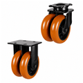 Heavy duty twin wheel castors with 150-200mm polyurethane and cast iron wheels for 1300-1500kg industrial load capacity