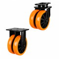 Heavy duty twin wheel castors with 150-200mm polyurethane/nylon wheels supporting 1000-1200kg load for industrial use