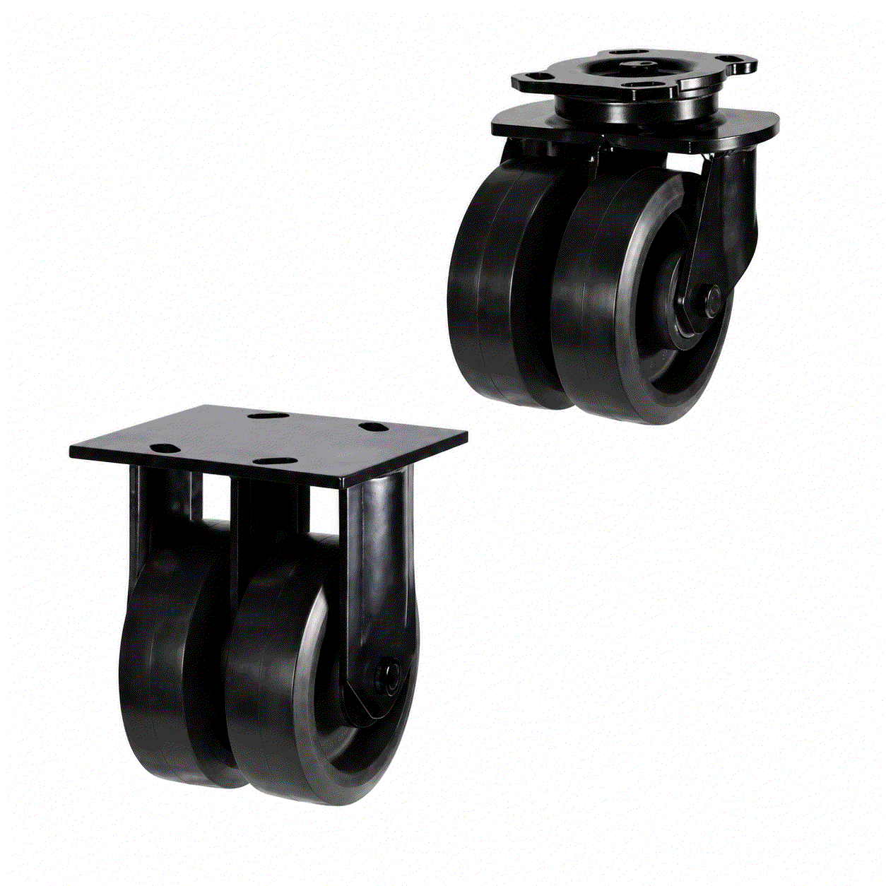 Heavy Duty Twin Wheel Castors with rubber tyres and cast iron wheels for industrial load capacity 800-1200kg