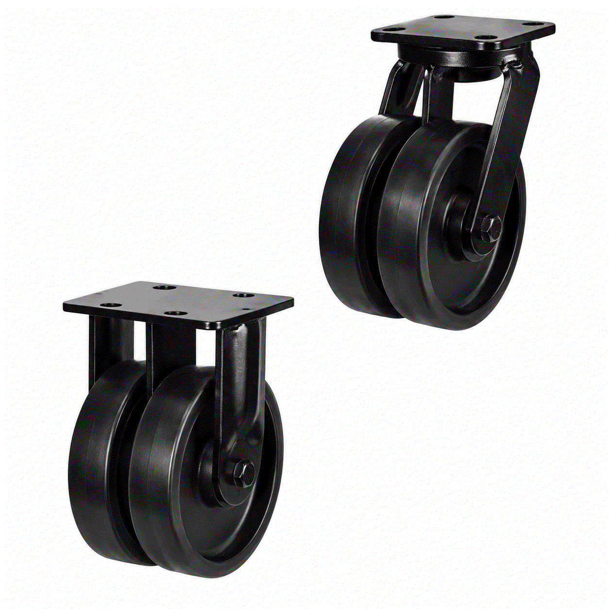 Heavy duty twin wheel castors with 200-300mm cast iron wheels supporting 2500kg load for industrial use