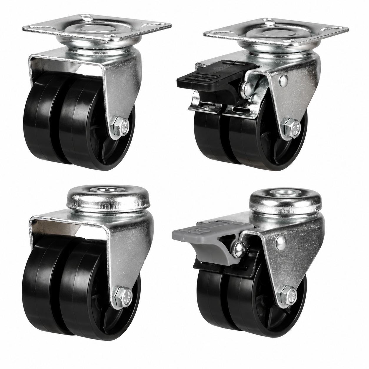 50mm black nylon twin wheel light duty castors with 60kg load capacity for furniture and equipment