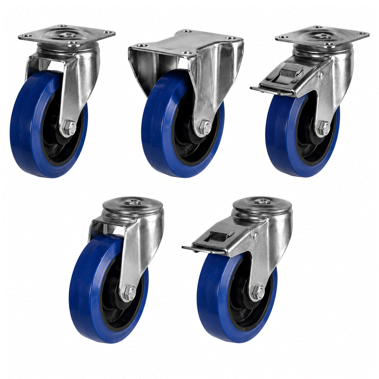 Medium duty castor with blue elastic tyre and nylon wheel, 80-200mm, 150-350kg load capacity, non-marking and durable for smooth floor protection.
