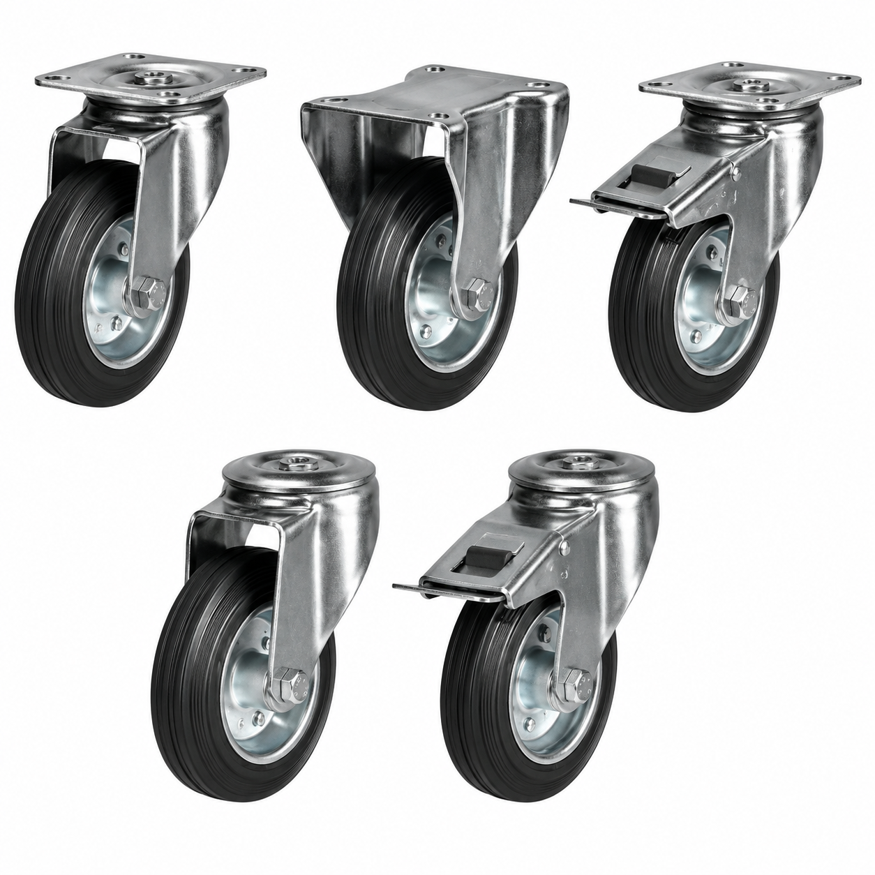 Medium duty castors with 80-200mm rubber tyre and steel wheel for 65-205kg load capacity