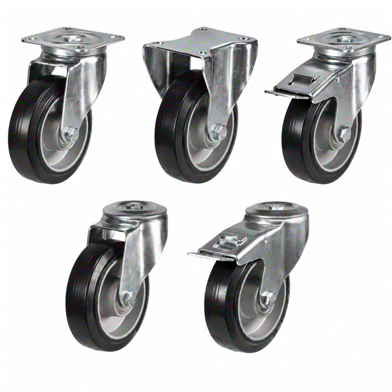 Medium Duty Castors with black elastic tyre and aluminium wheel, 80-200mm, 100-350kg load capacity for industrial use