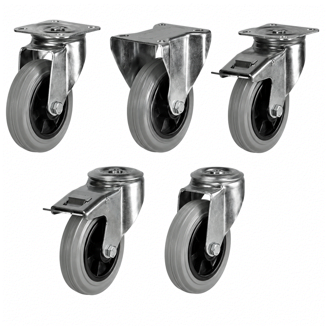 Medium duty castors with non-marking tyre and plastic wheel for smooth, quiet mobility and floor protection, available in 80-200mm sizes, supporting 65-205kg load