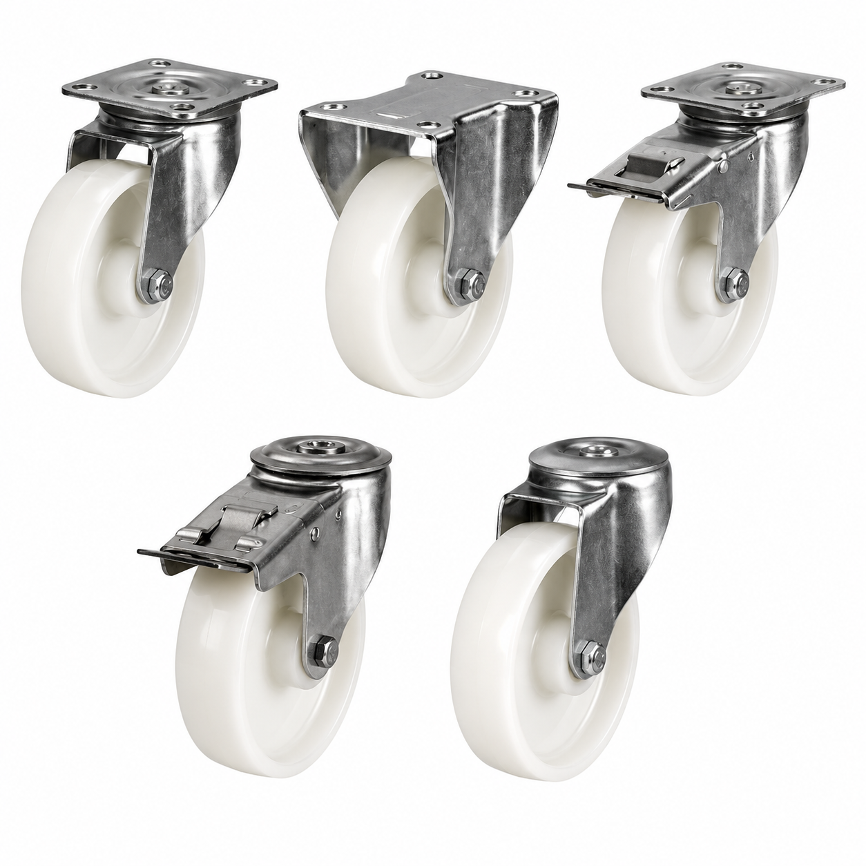 Medium duty castors with 80-200mm nylon wheels supporting 200-350kg load for industrial use