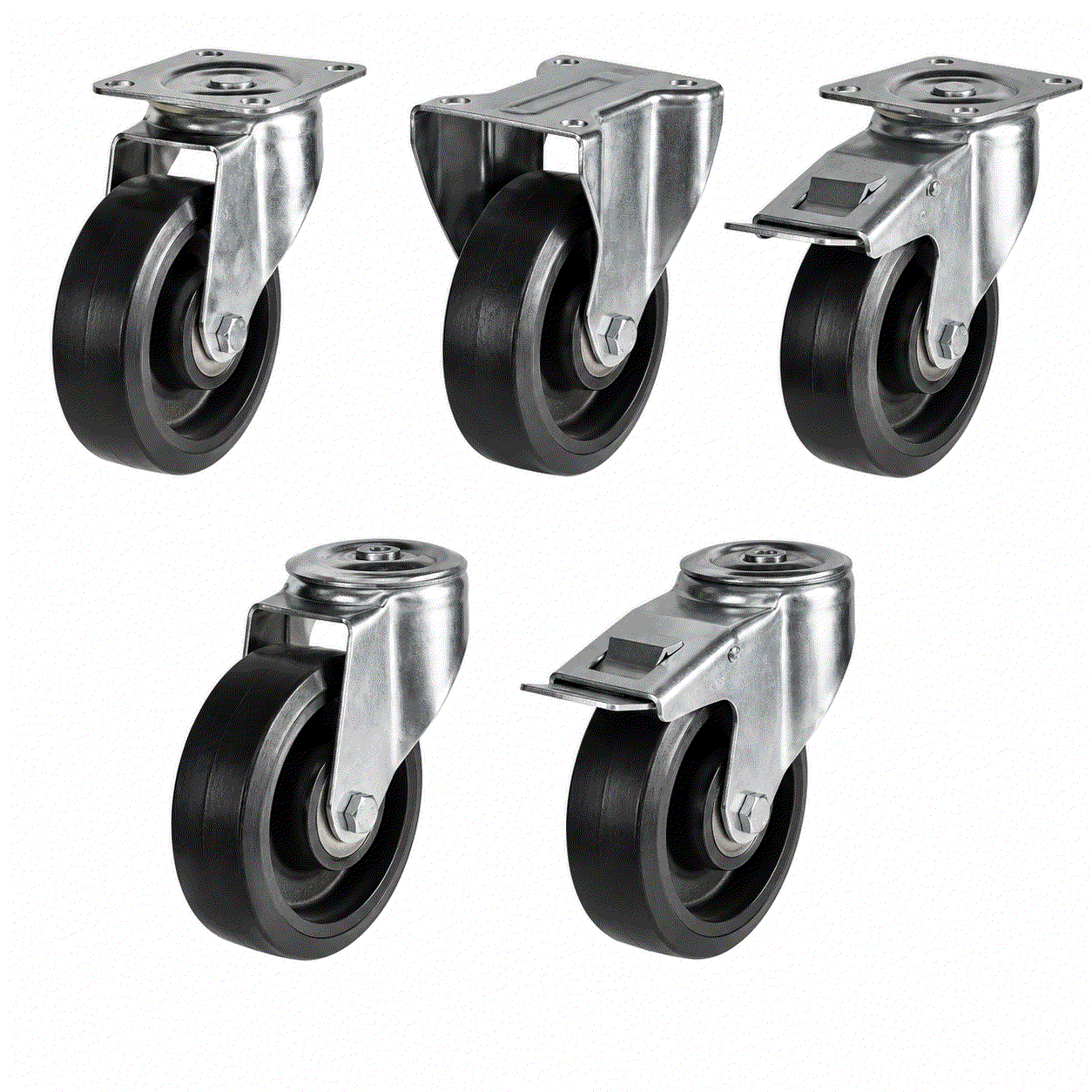 Medium Duty Castors with black elastic tyre and cast iron wheel, available in 125-200mm, supporting 190-350kg load for industrial use