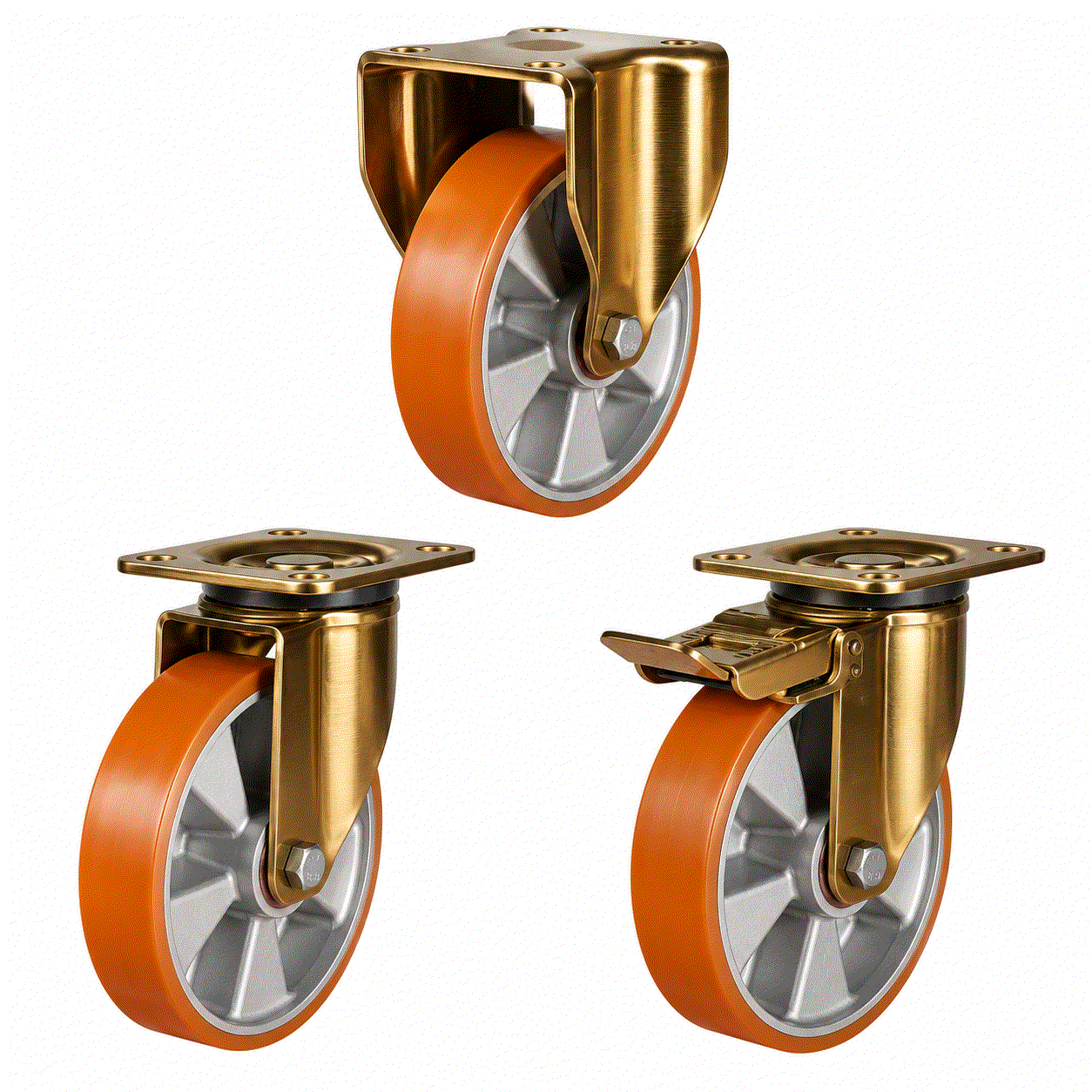 Heavy duty castors with 150-200mm polyurethane tyres on aluminium wheels for 550-800kg load capacity