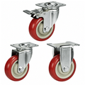 Light duty castors with red polyurethane tyre on nylon wheel, 75-125mm diameter, suitable for 80-100kg load, ideal for industrial and commercial use.