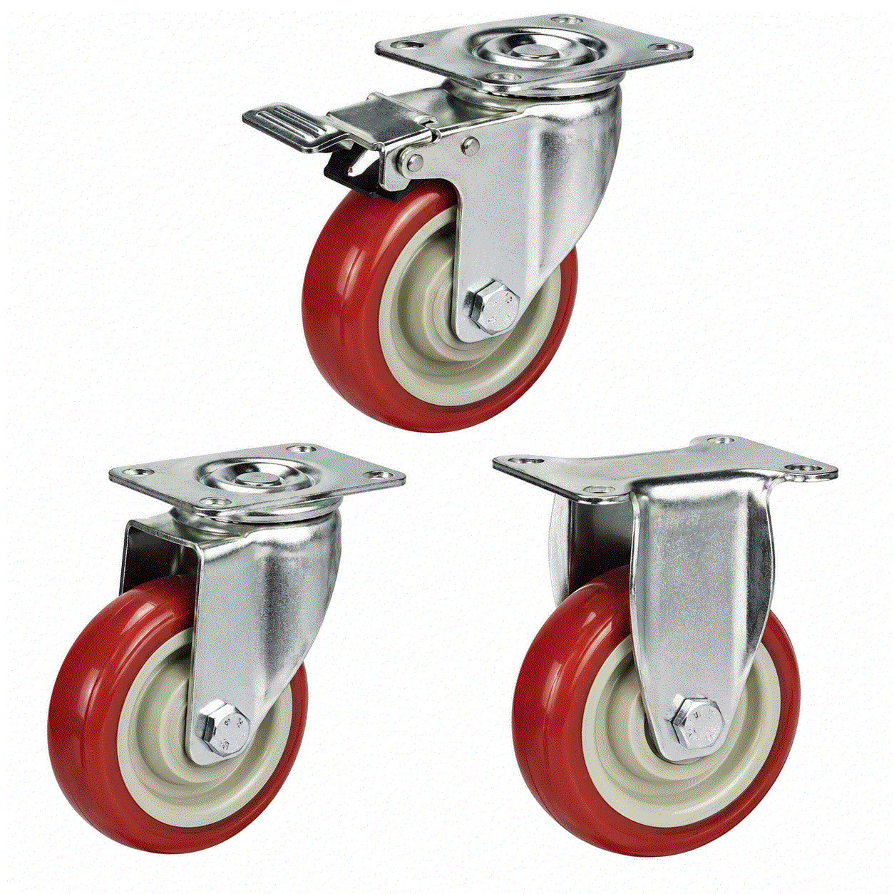 Light duty castors with red polyurethane tyre on nylon wheel, 75-125mm diameter, suitable for 80-100kg load, ideal for industrial and commercial use.