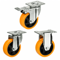 Light duty castors with polyurethane on nylon wheels in 75-125mm sizes for 80-100kg load capacity, ideal for smooth, durable, and floor-friendly use