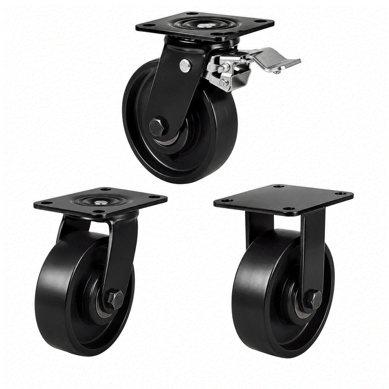 Heavy duty cast iron castors with 100-200mm wheels supporting 450-500kg load for industrial use