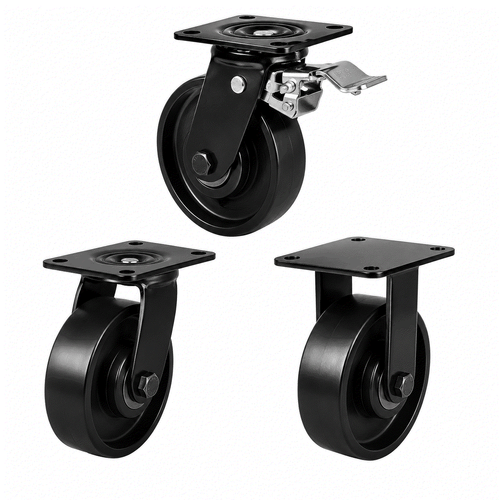 Heavy duty cast iron castors with 100-200mm wheels supporting 450-500kg load for industrial use