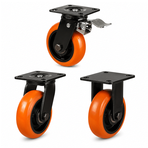 Heavy duty castors with 100-200mm polyurethane tread on cast iron wheels for 350-500kg load industrial use