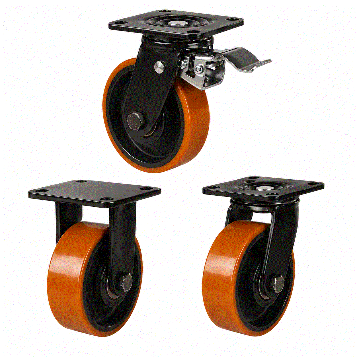 Heavy duty castors with polyurethane tyres and cast iron wheels supporting 450-500kg loads for industrial use