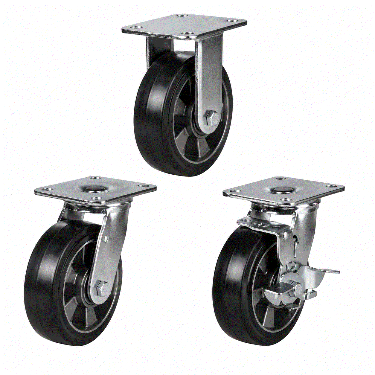 Heavy duty castors with rubber tyre and aluminium wheel, 100-200mm diameter, supporting 220-450kg load for industrial use
