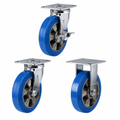 Heavy duty castors with 160-200mm polyurethane wheels and aluminium centers, supporting up to 500kg for industrial use