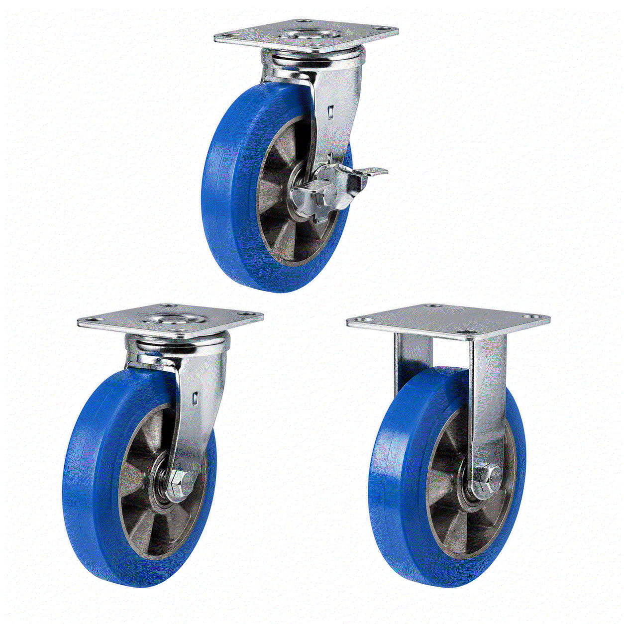 Heavy duty castors with 160-200mm polyurethane wheels and aluminium centers, supporting up to 500kg for industrial use