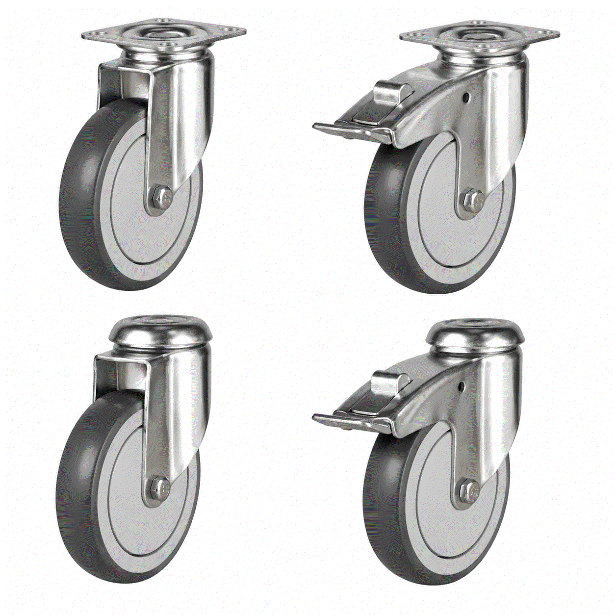 Light duty non-marking castors with ball bearings, 100-150mm wheels, for 90-130kg load capacity, ideal for smooth, floor-friendly industrial use