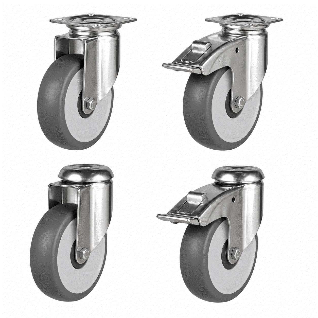 Light duty non-marking castors with plastic centre, 100-125mm wheels, 70-90kg load capacity for smooth, floor-friendly mobility