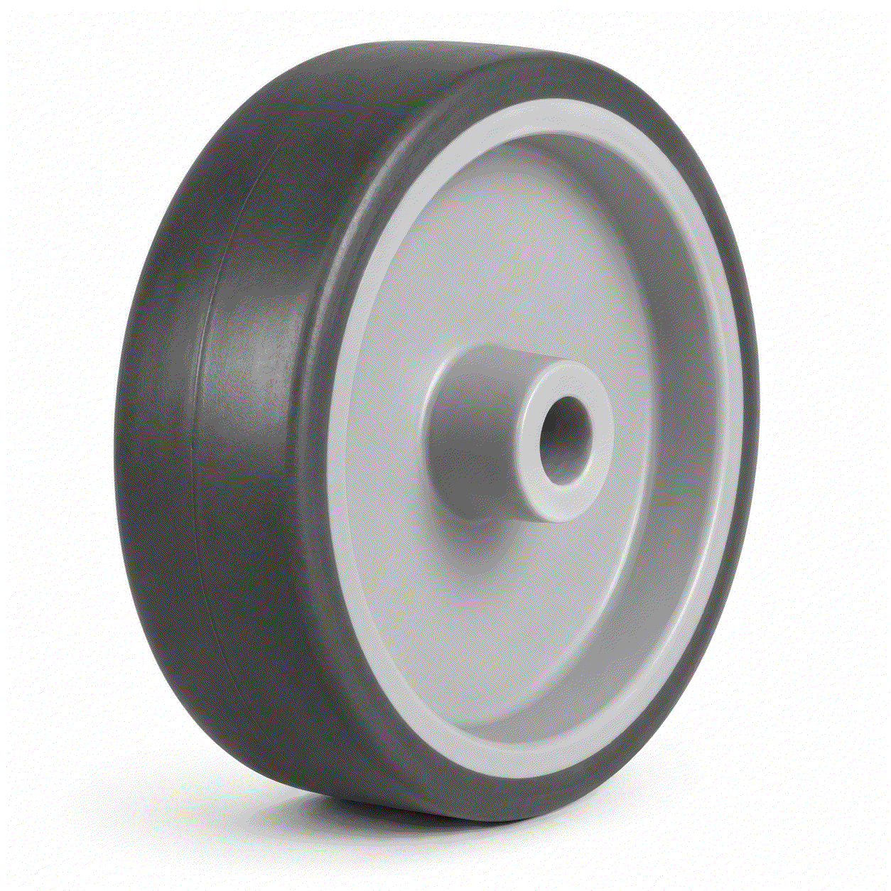 Grey non-marking rubber castor wheel with nylon centre for smooth, quiet, floor-protecting operation