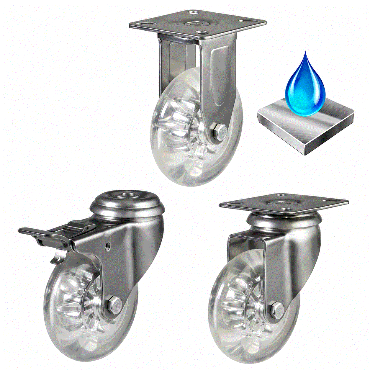 Stainless steel castor with synthetic non-marking wheel for hygienic, corrosion-resistant, and floor-protecting mobility in medical and food environments