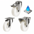 Stainless steel castors with non-marking grey rubber wheels for heavy load, corrosion-resistant and hygienic applications
